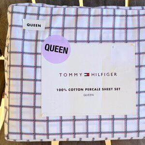 Tommy Hilfiger Queen Size 100% Crisp Cotton Percale Red Blue Plaid Sheet Set